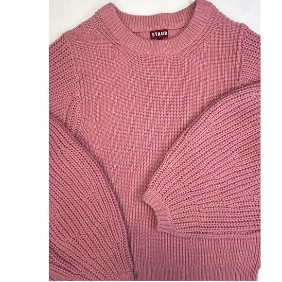 STAUD Pink Chunky Knit Sweater Balloon Sleeve Wool Blend Size L - Picture 3 of 11